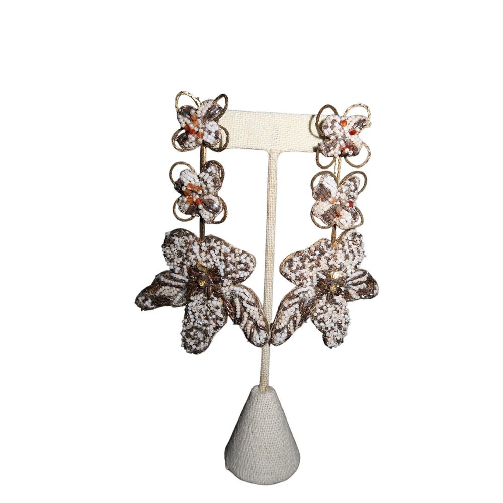 Deepa Gurnani Beaded Flower Drop Chandelier Statement Earrings Cream Bronze OS